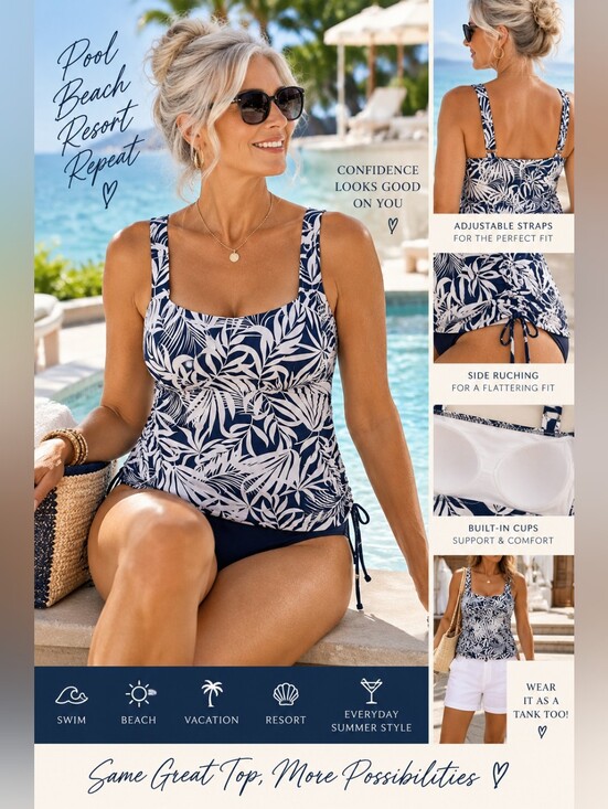 Sams Club Other - Navy & White Tropical Tankini Swim Top XL Built-In Cups Adjustable Straps